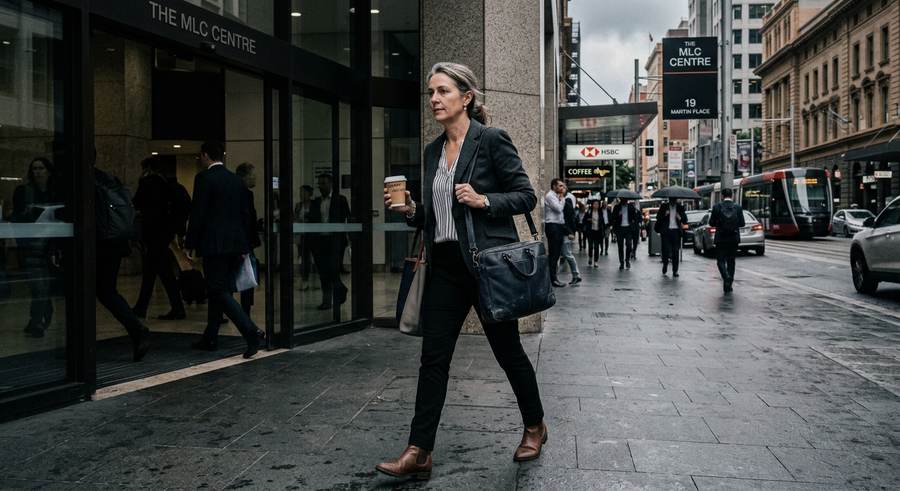 A businesswoman walking out of a city office building with a coffee