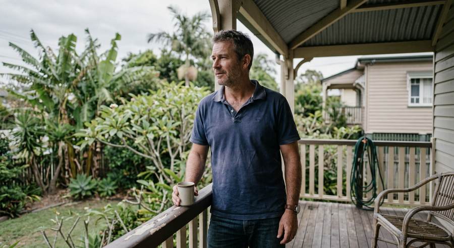 A man in his late forties standing on a suburban veranda