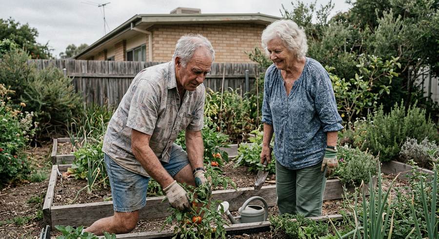 A couple in their seventies gardening together in their backyard
