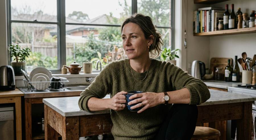 A woman in her late thirties at her kitchen bench with a coffee