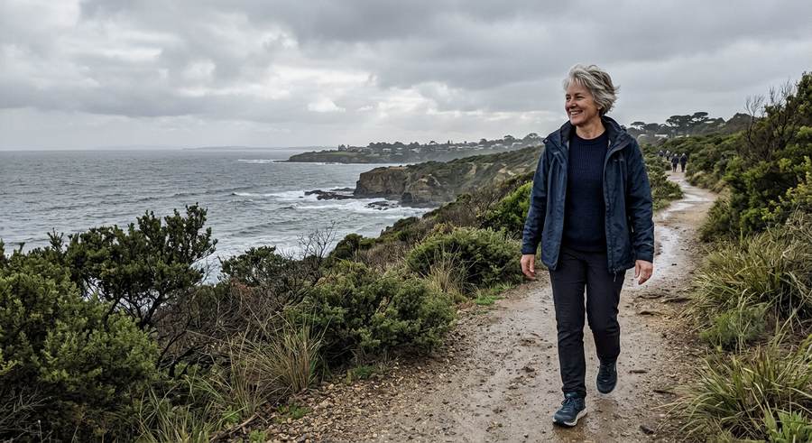 A woman in her fifties walking on a coastal path on an overcast day